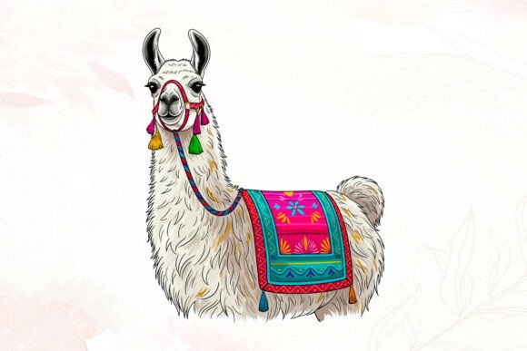 White Llama with Vibrant Decorative: A Graphic Design Asset for Editorial and Web Publishing